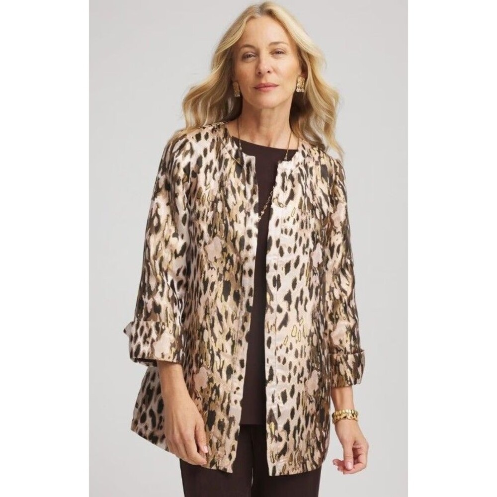 Chico’s Travelers Animal Jacquard Jacket Metallic Shimmer Open Front Size 0 / SM